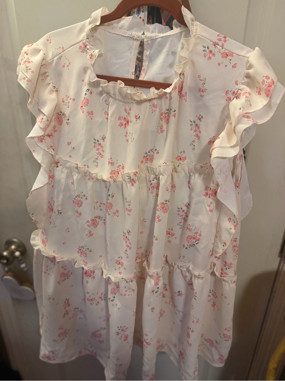 SHEIN Cream shirt with Pink Floral Ruffles